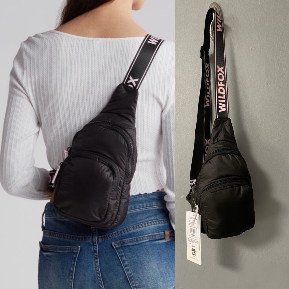 NWT WILDFOX Sling Logo Shoulder Bag Black/Pink.